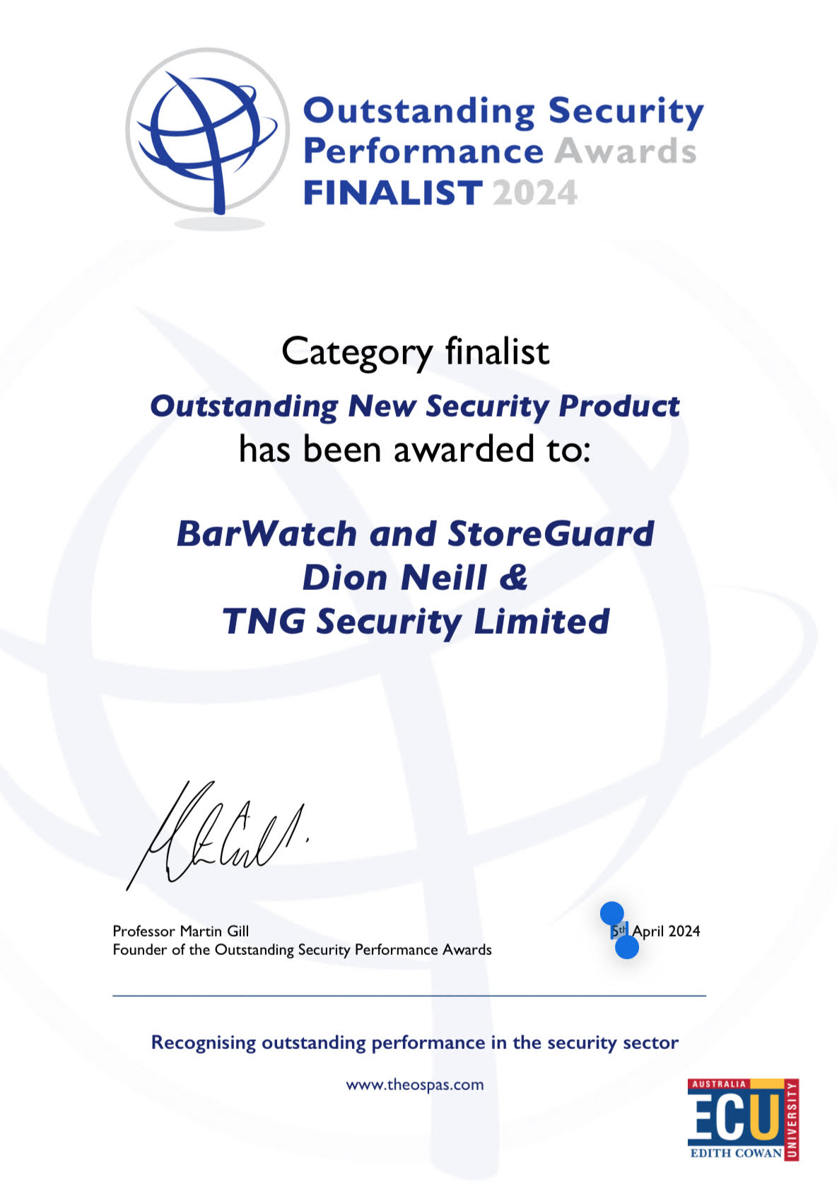 Featured image for “2024 OSPAS Finalists: Dion Neill & TNG Security – BarWatch & StoreGuard”